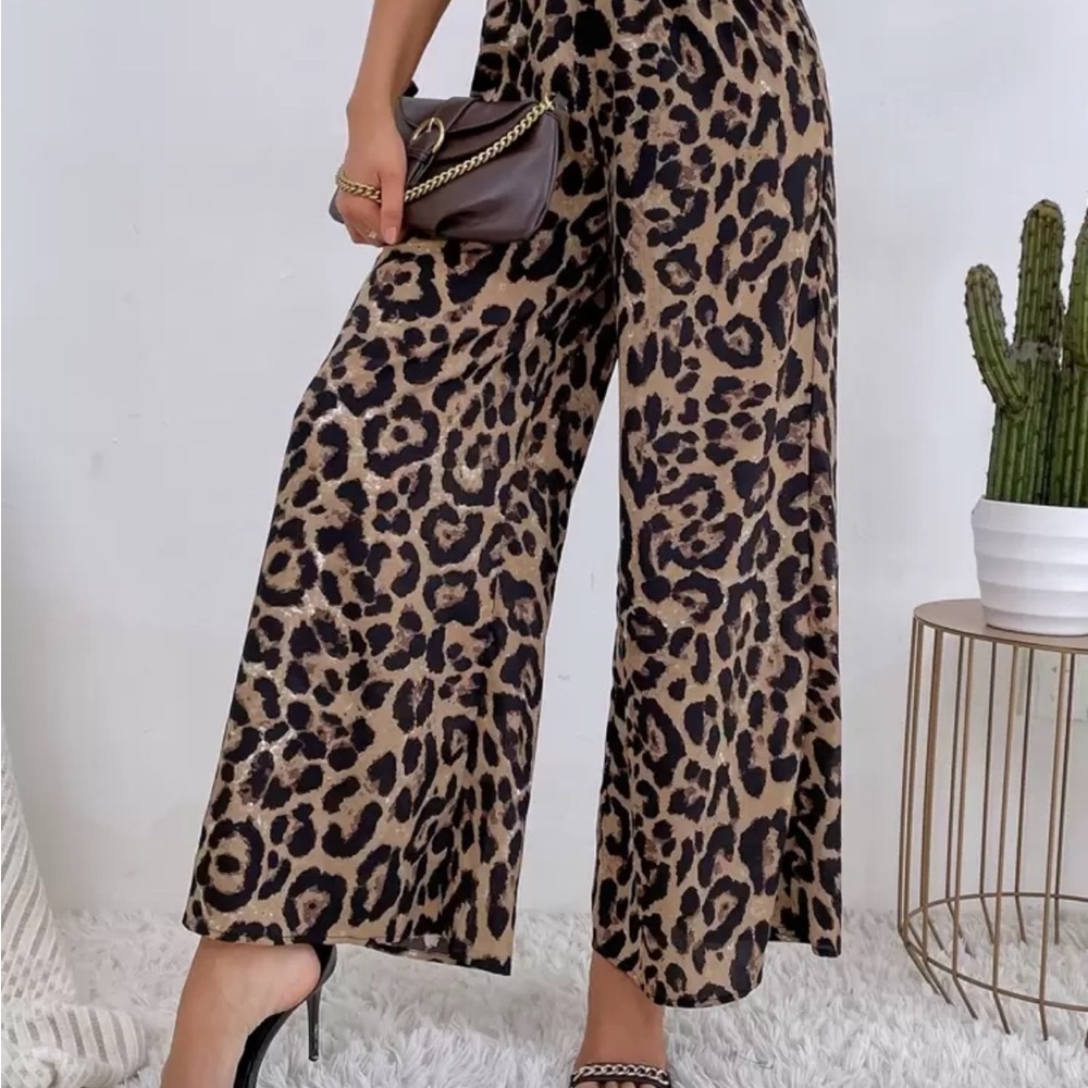 Leopard Brown Black Animal Print High Waisted Wide Leg Women’s Pants Large - Picture 14 of 14